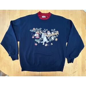 Vintage Whim Z Navy & Red Cottagecore Grandma Cats Birds Sweatshirt SZ L